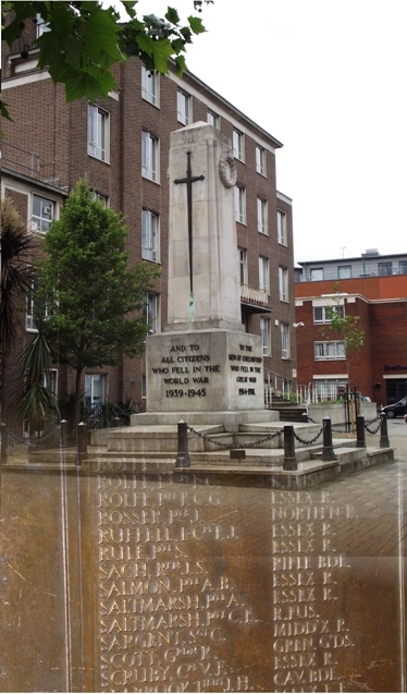 Chelmsford Cenotaph, and detail from name plaque in the Civic Centre